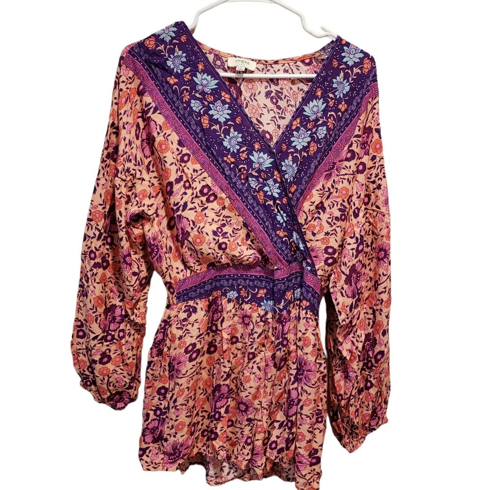 Umgee Women's Size Small Multi Print Floral Long Sleeve Romper Bohemian